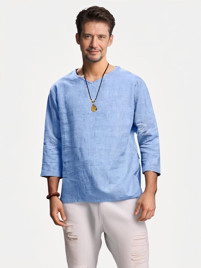 Men's V-Neck Long-Sleeve Cotton Linen Shirt - Anti-Theft Policy Applied