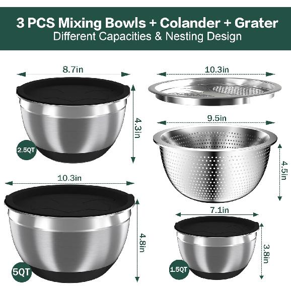 Mixing Bowls with Airtight Lids, Stainless Steel Mixing Bowl Set with 3 Metal Nesting Bowls, Colander & Grater, Non-Slip Bottoms, Size 1.5, 2.5, 5