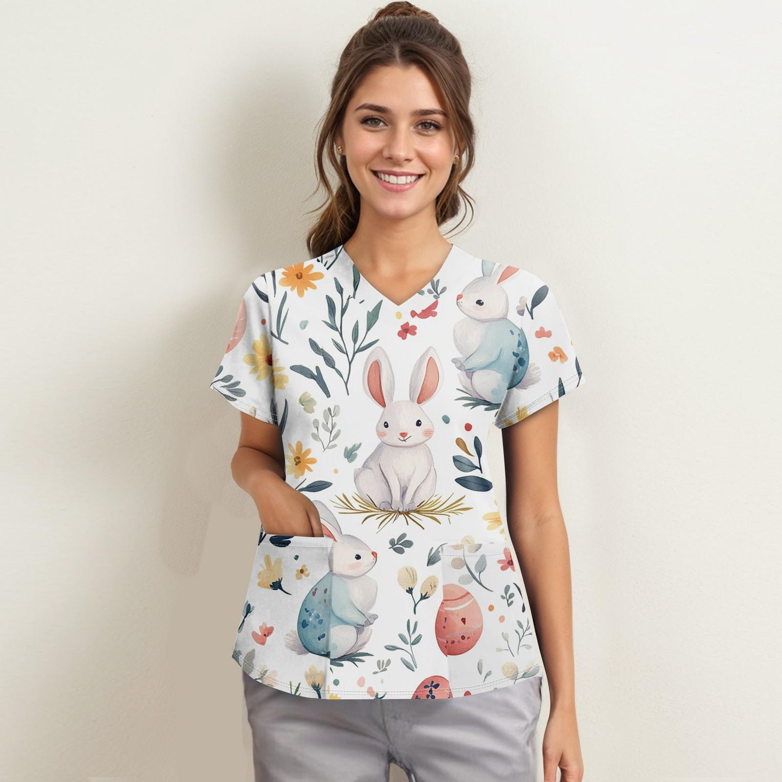 

Женская мода с v-образным вырезом, короткими рукавами и карманами, топы с принтом XL белый