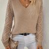 Maglione da Donna a Maglia Lavorata auncinetto Fiore Vuoto Scollo a V Pullover Manica Lunga Top Jacquard Colore Unico Base Camicia Larga Casual da Pendolarismo Autunno