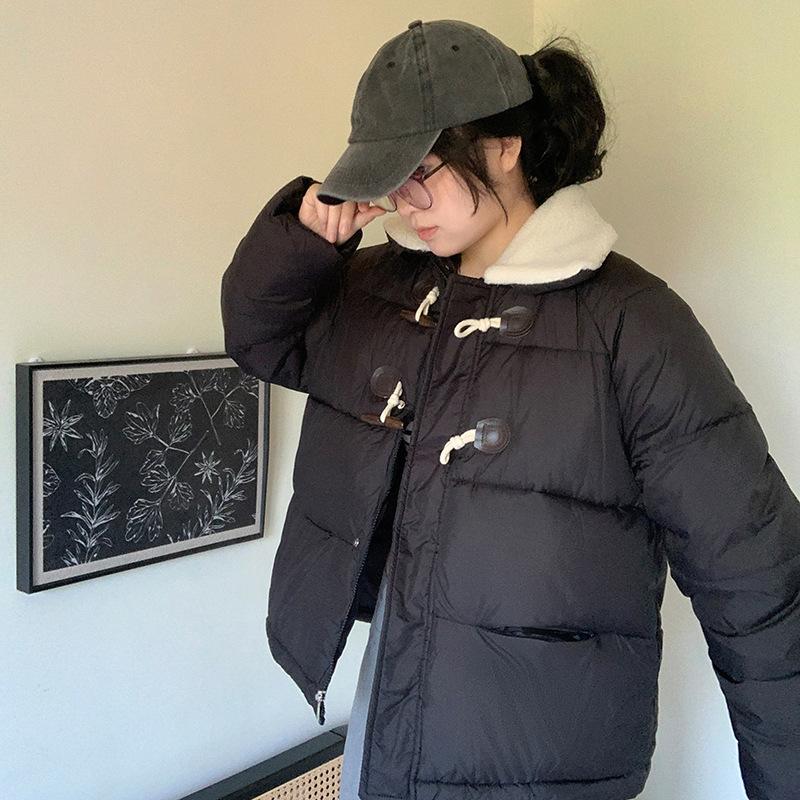 Lamb wool cotton jacket women's 2025 new winter cropped Korean jacket horn buckle down padded jacket thickened