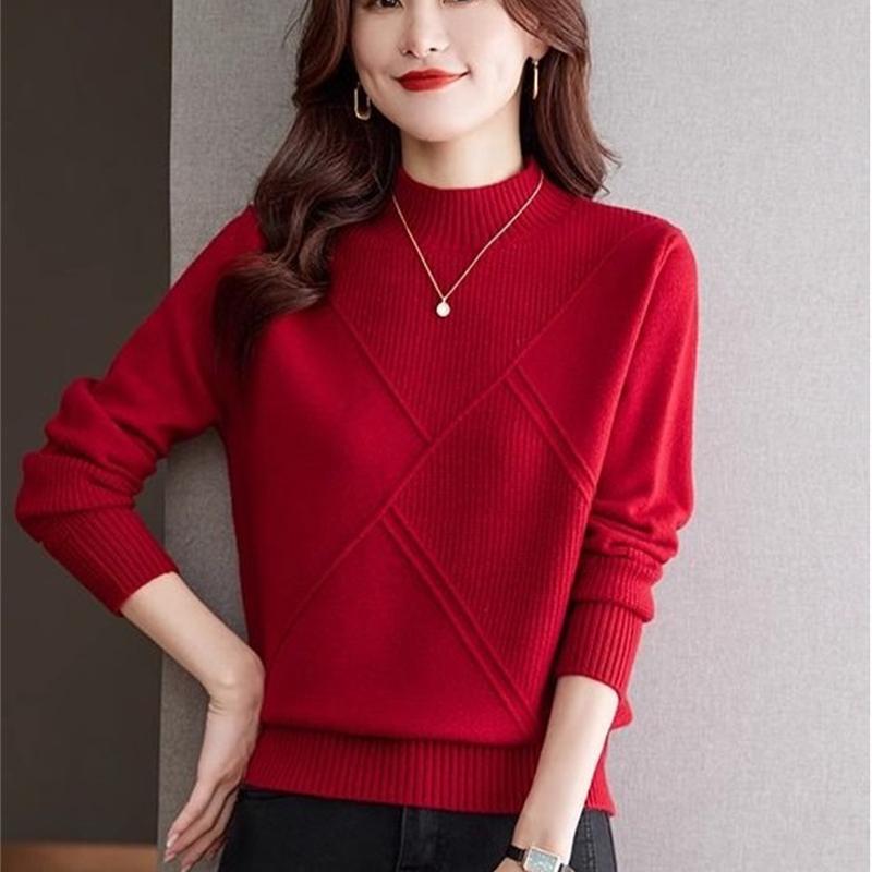 Dame Ensfarget Halvhøy Krage Kasjmirgenser Høst Vinter Løs Genser Strikket Ull Casual Genser Underskjorte