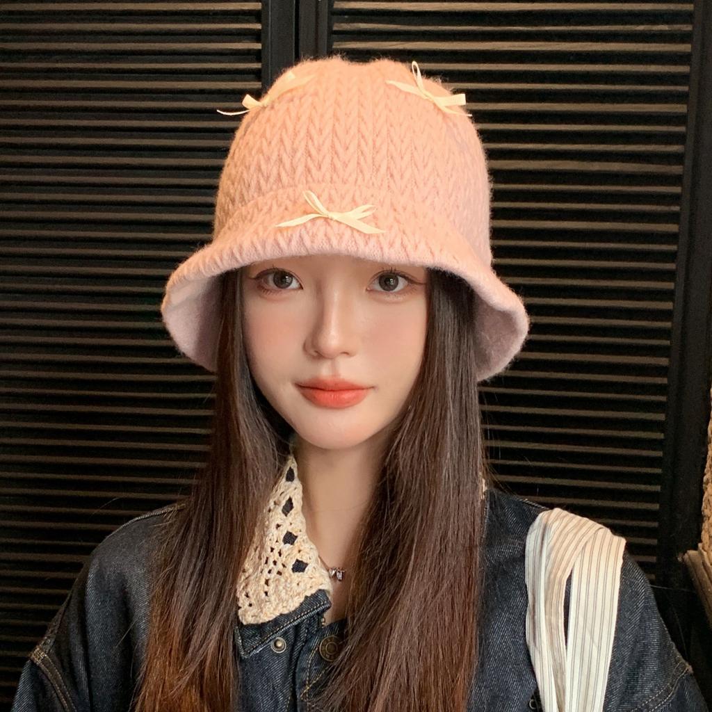 Bow Knitted Hat Wool Hat for Women In Autumn and Winter Sweet Thickened Warm Head Cold Hat Showing Small Face