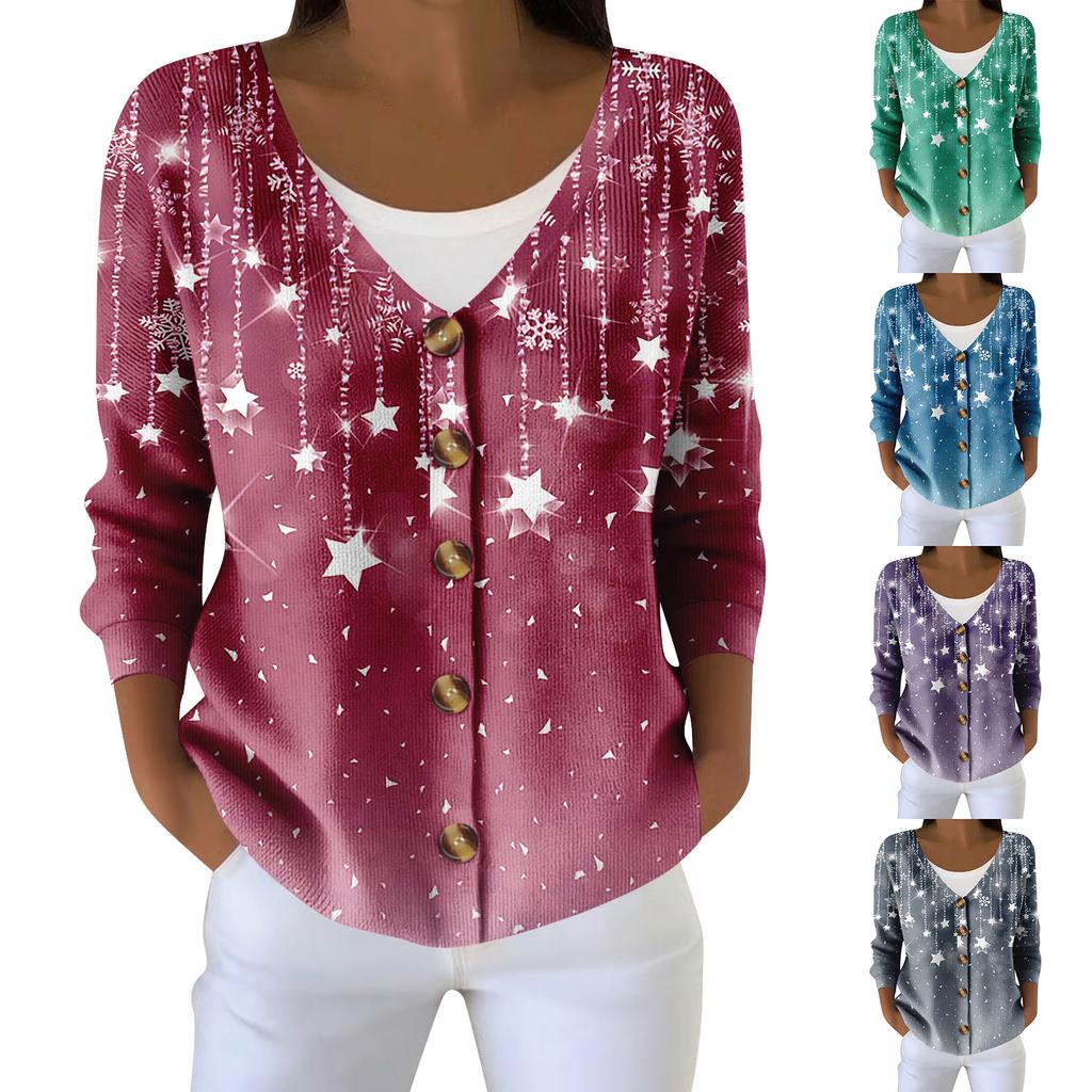 Damemote Langermet Christmas Snowman Snowflake Print Jakke Cardigan