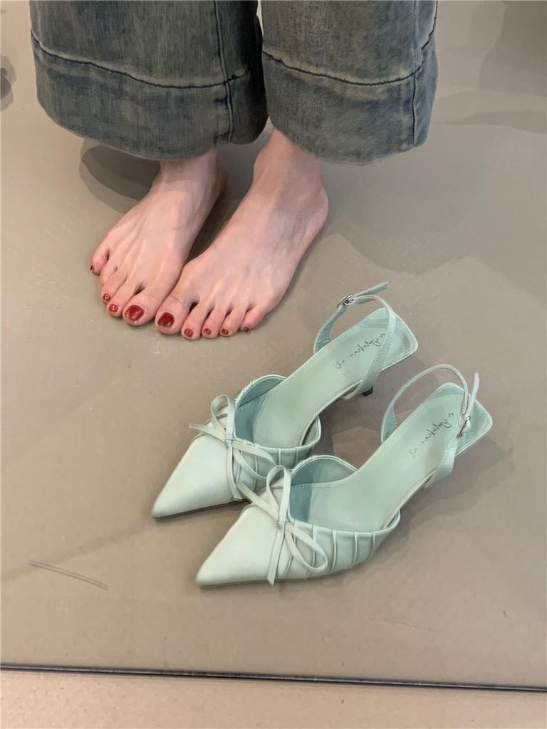 Niche Socialite High Heels Women'S Spring French Temperament Elegant Bow Pointed Thin Heel Bag Head Sandals
