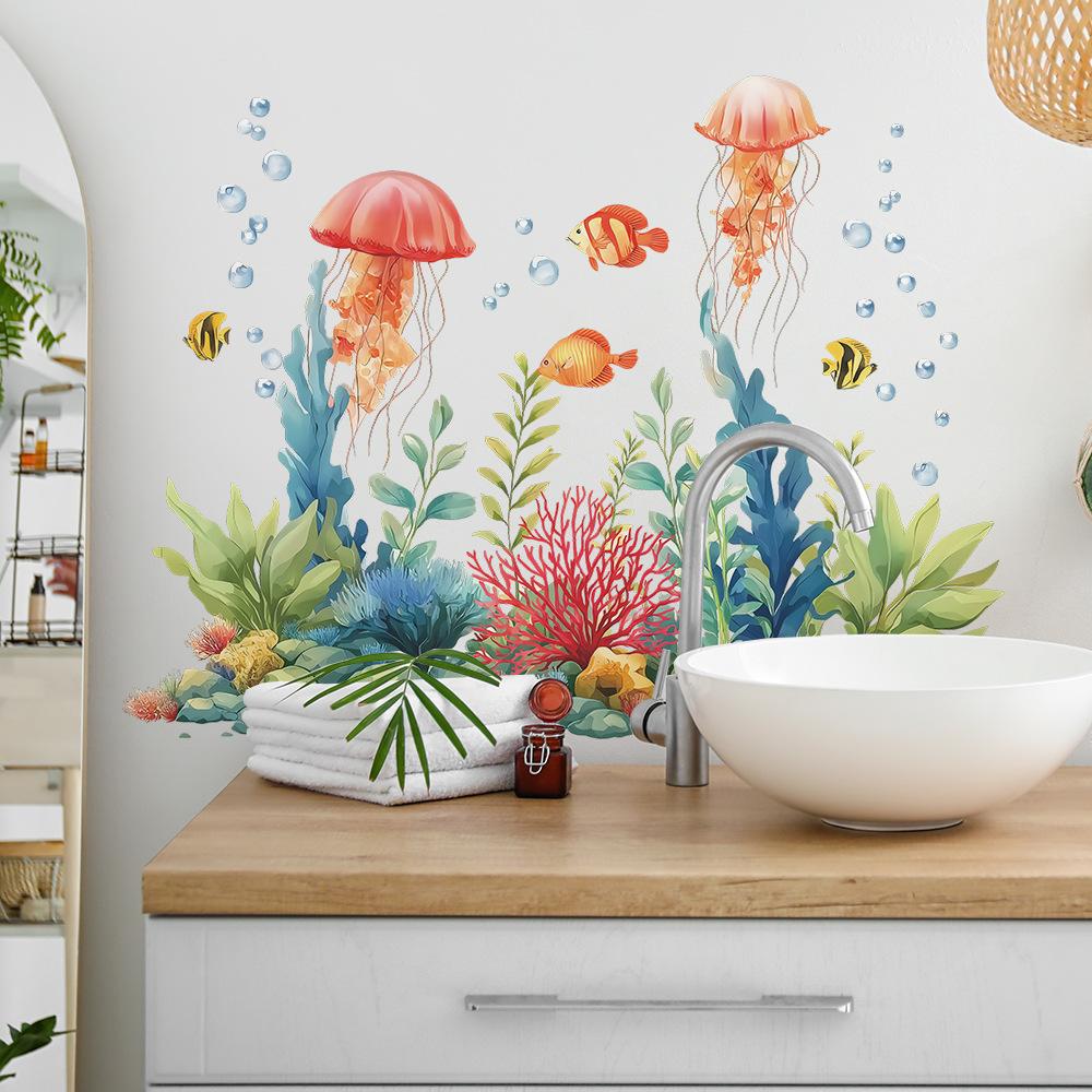 Cartoon Sea Floor Seaweed Coral and Small Animal Bathroom and Toilet Decoration Beautification Wall Stickers
