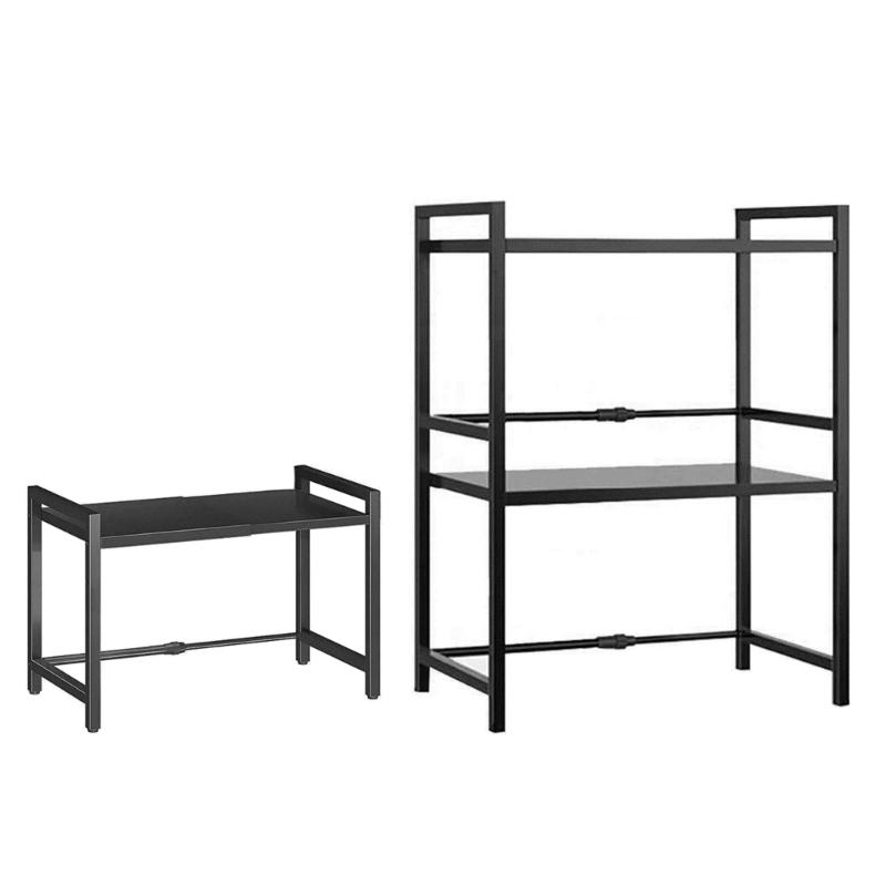 Adjustable Microwave Oven Rack with Hanging Hooks Sturdy Kitchen Counter Storage Portable Carbon Steel Storage Rack
