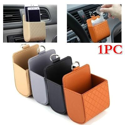 Caja de basura con salida de ventilación automática, soporte para móvil de coche de cuero PU, bolsa de almacenamiento, organizador, caja colgante para automóvil, estilismo para coche