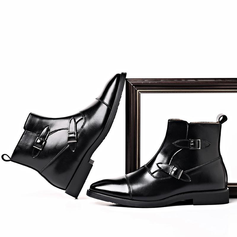 Fashion Men Short Boots Double Buckle Men's Ankle Boot Side Zipper Black Brown Business Pu Leather Size 38-46  Mens Boots