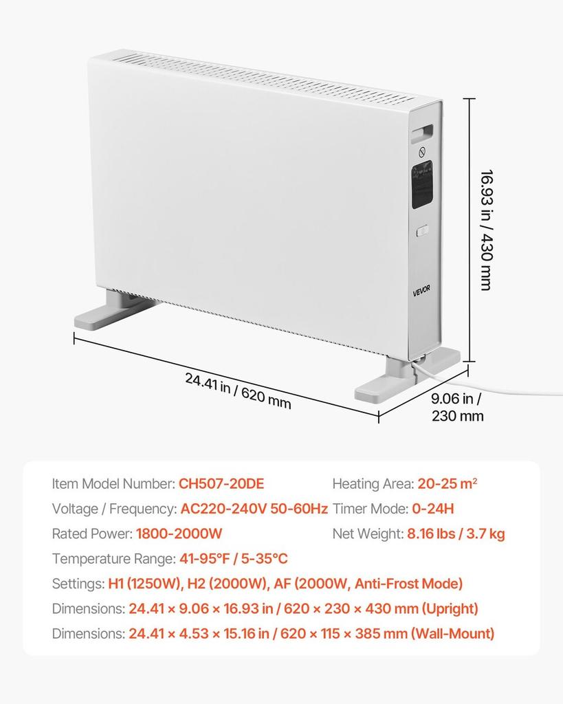 Convection Panel Heater, 2000W Electric Panel Space Heater with Remote & Touch Control, 3 Modes, 24H Timer, Stand or Wall Mount Design with