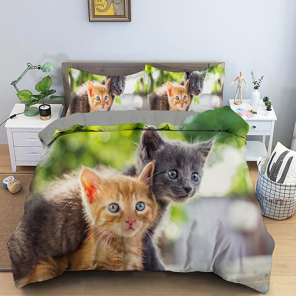 Lovely Cat Queen King Size Bedding Set Microfiber Polyester 3D Print Duvet Cover Set Girls Adults Comforter Cover Cute Animals