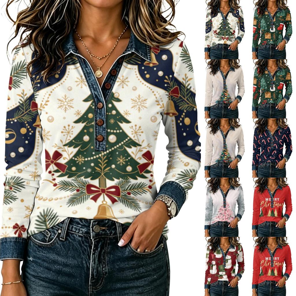 Women's Christmas Print Long Sleeve Top - Casual Loose Fit Patchwork Shirt with Shoulder