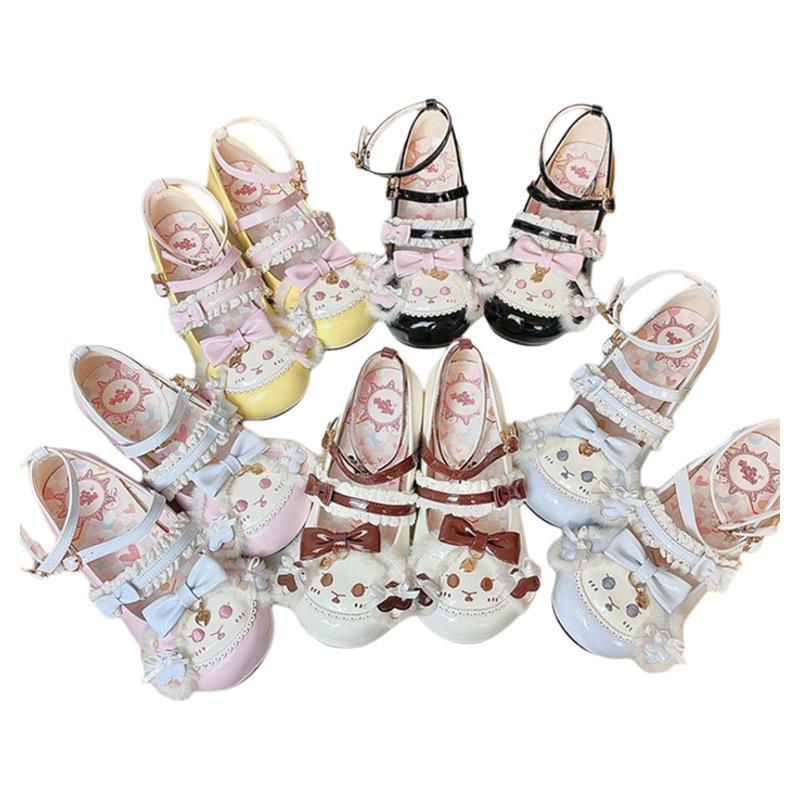 Cute rabbit doll sweet and cute lolita pink single shoes women's low heel round head jk Japanese small leather shoes bow