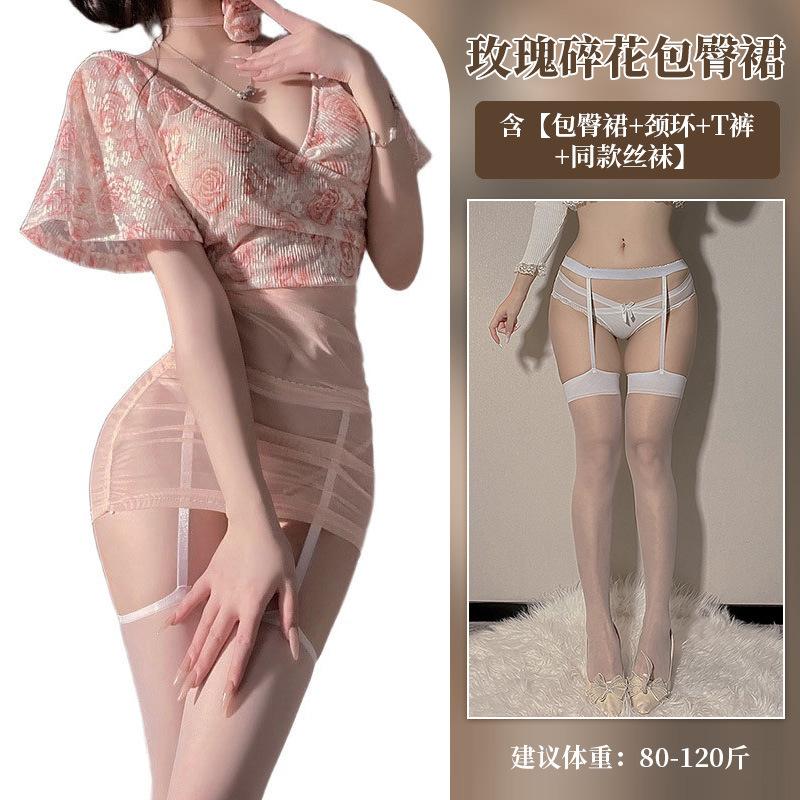 Sex Underwear Sexy Perspective, Deep V Floral Hip Skirt Rose Veil High Waist Tight Dress Set