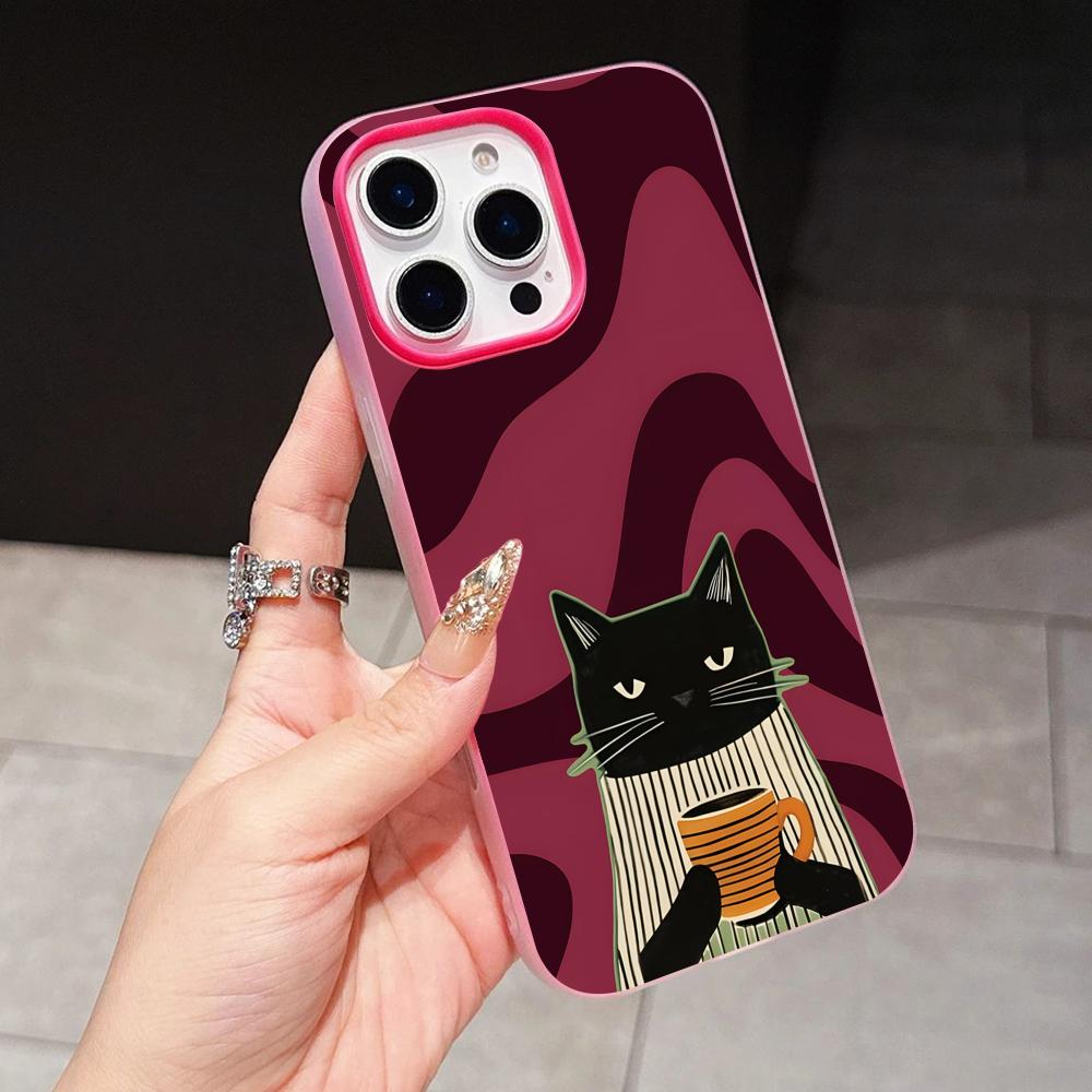 Cute Coffee Cat Jelly Double layer Rose Red Mobile Phone Case for iPhone 17 16 15 14 13 12 11 Air Pro Max Plus Protective