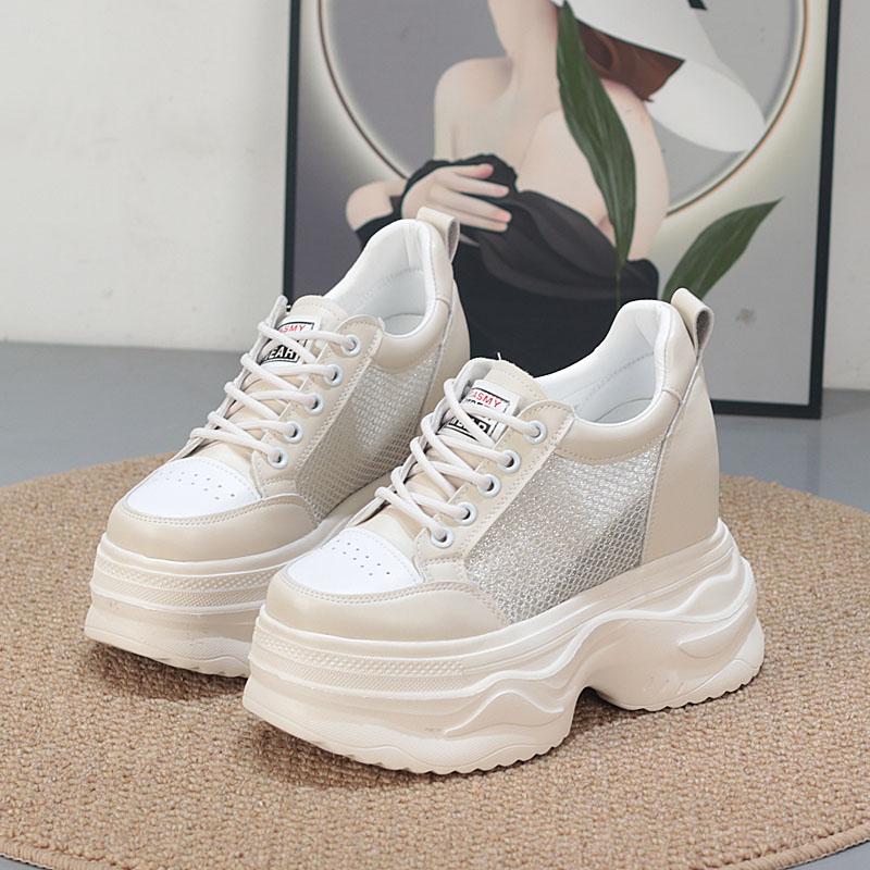 Fashion 12CM Air Mesh Microfiber Leather Ankle Boots Hollow Chunky Sneaker Women Comfy Summer Mixed Color Fashion Vulcanize Shoes