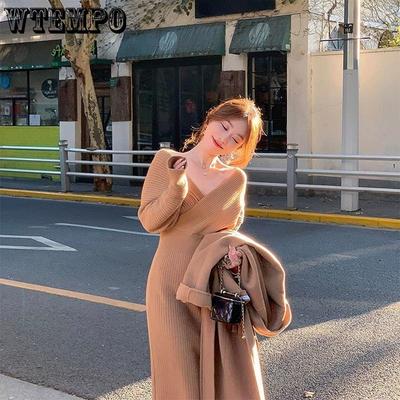 Spring and Autumn Women's Dress Autumn and Winter Slim Dress Temperament Cross Collar Knitted Dress French Waist Wrapped Hip Dress