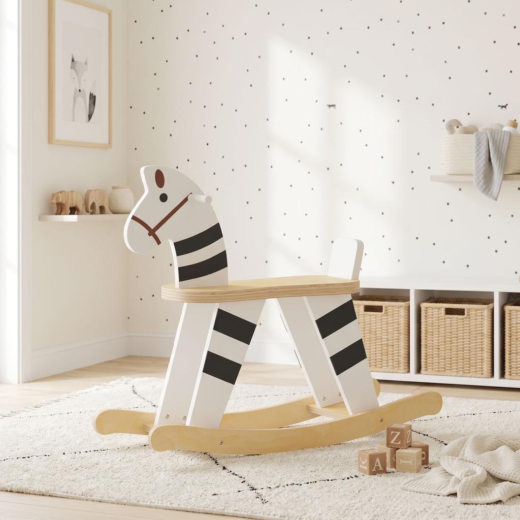 Rocking Horse for Children, Wooden Base, Backrest, Ages 18 Months-3 Years, Black and White