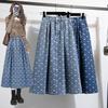 Retro Denim Skirt for Women High-Waisted A-Line Washed Midi Denim Skirt With Pockets Long Jean Skirts Women's Pleated Flowy Swing A-line Denim Skirts