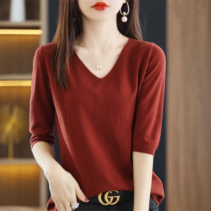 Koreansk Stil Dame V-Hals Mellomlang Erme Løs Strikket Pullover Skjorte - Vår/Sommer Tynn Genser Topp