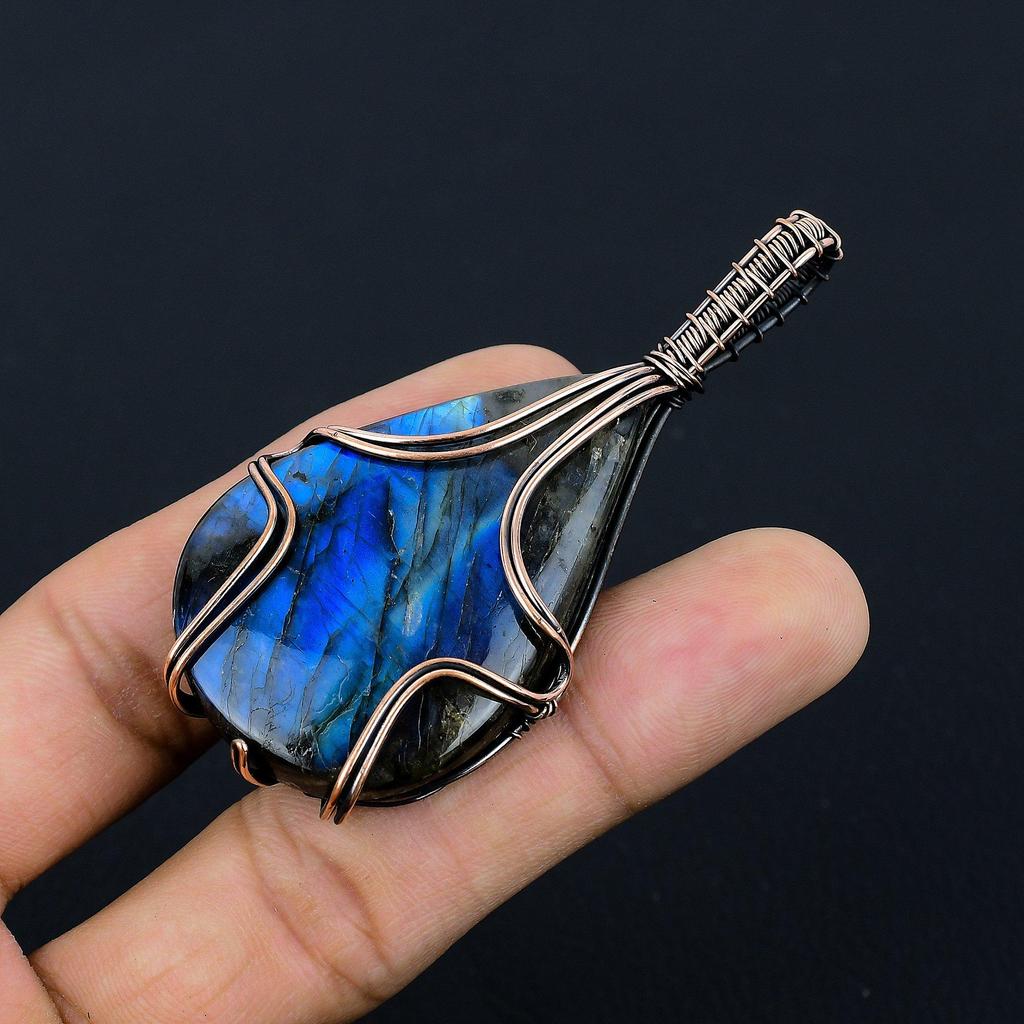Labradorite Pendant, Handmade Gemstone 999 Copper Wire Wrapped Pendant Antique Jewelry, For Gift Silver Jewelry