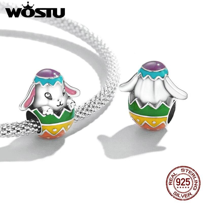 WOSTU 925 sterlingsølv dyr kanin påskeegg sjarm perle anheng passer originalt armbånd halskjede for kvinner smykker