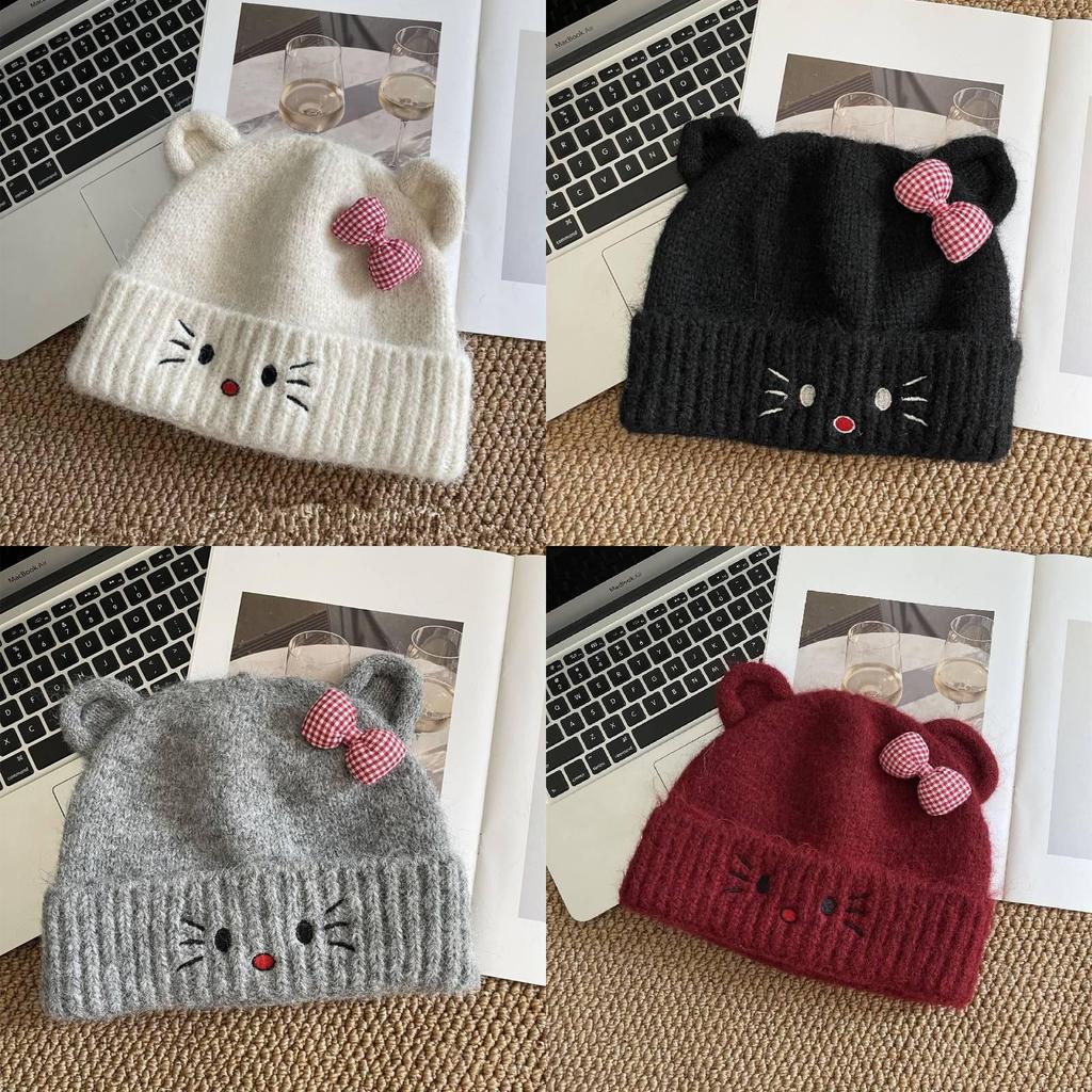 Cat Cartoon Knitted Hat With Embroidered Butterfly Bow For Winter Warmth And Windproof Comfort