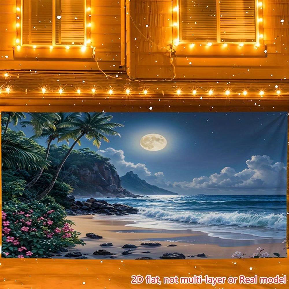 Une grande bannière de fête de plage tropicale lune pleine palmier avec fond océanique mer bleue claire sable blanc