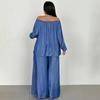 2 Piece Outfit for Women Off Shoulder Long Sleeve Top High Waisted Wide Leg Pants Set Casual Plus Size Going Out Lounge Set