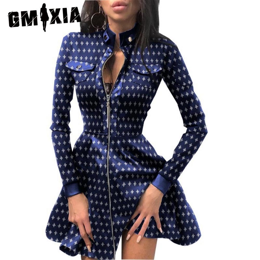 GMXIA Mode Frauen Spitze Langarm Reißverschluss Big Hem Kunstleder Minikleid