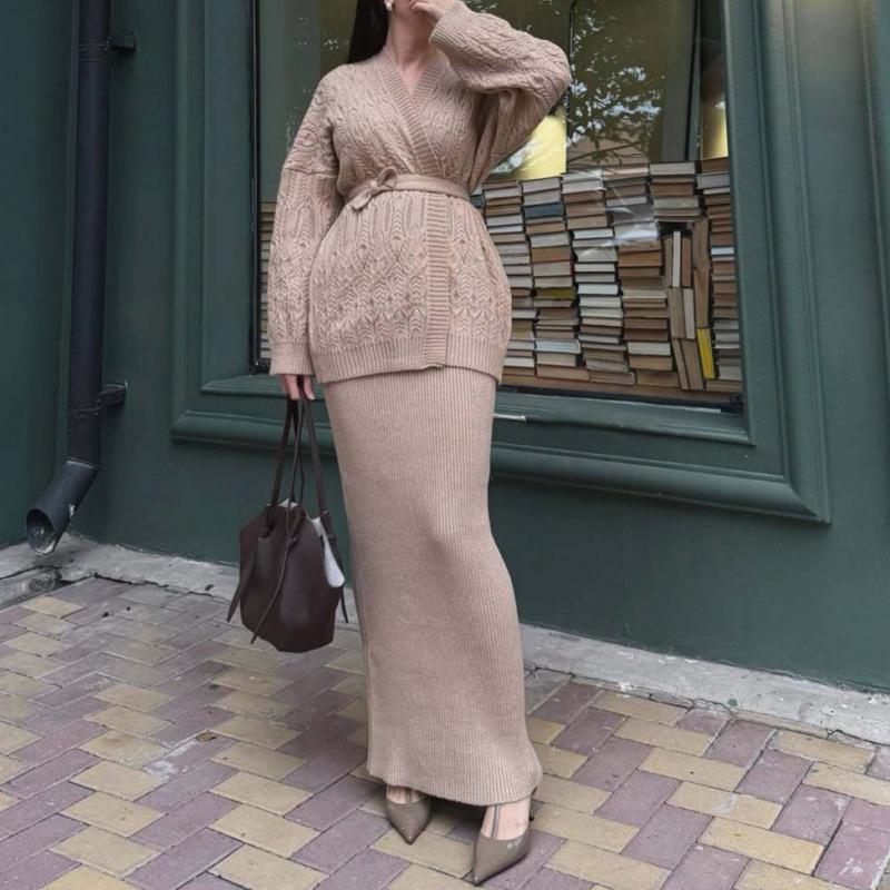 Hollow Cardigan Loose Knitted Sweater Jacket Cross-border European and American Women's Clothing Lace-up Skirt Fashion Casual Suit