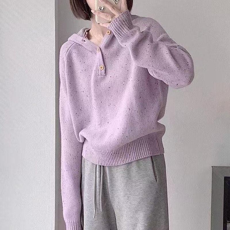 2026 Women's Wool Hooded Long Sleeve Button Dot Casual Top for Autumn/Winter
