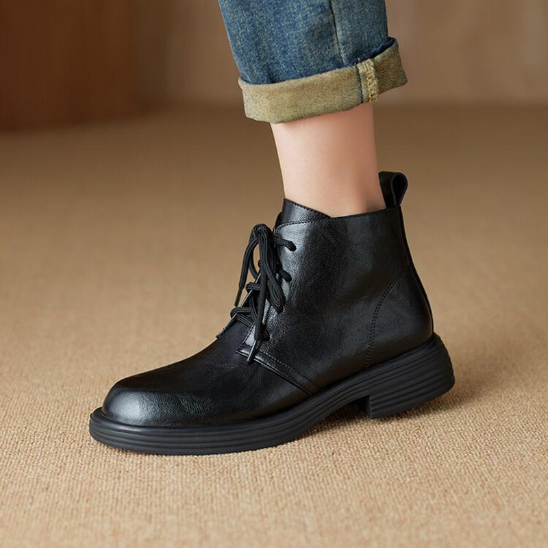 Fashion NEW Autumn Women Boots Split Leather Shoes for Women Round Toe Chunky Heel Shoes Black Lace-up Ankle Boots Casual Chelsea Boots