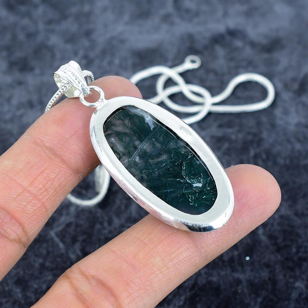 Indian Moss Agate Gemstone 925 Sterling Silver Jewelry Pendant 2.29" M-2876