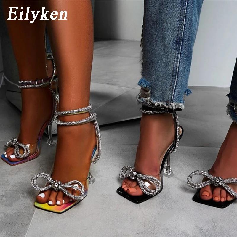 Fashion Eilyken Summer PVC Transparent Women Sandals Sexy Square Toe Ankle Buckle Strap Perspex High Heels Wedding Dress Shoes