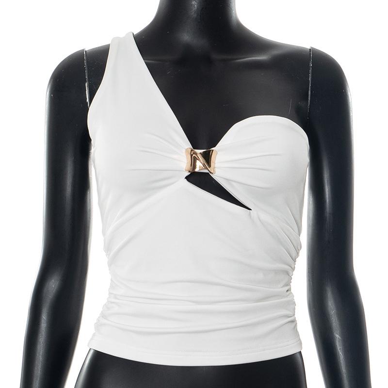 Summer Sexy Versatile French Retro One-Shoulder Camisole Top Medium белый