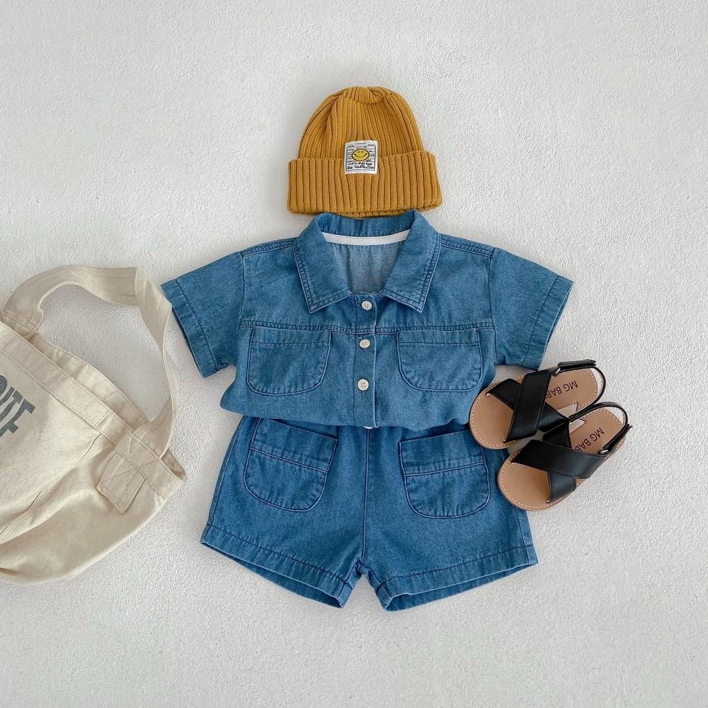 Summer Baby Denim Short Sleeve Pocket Top And Shorts Set For Boys And Girls 2 Piece Outfit