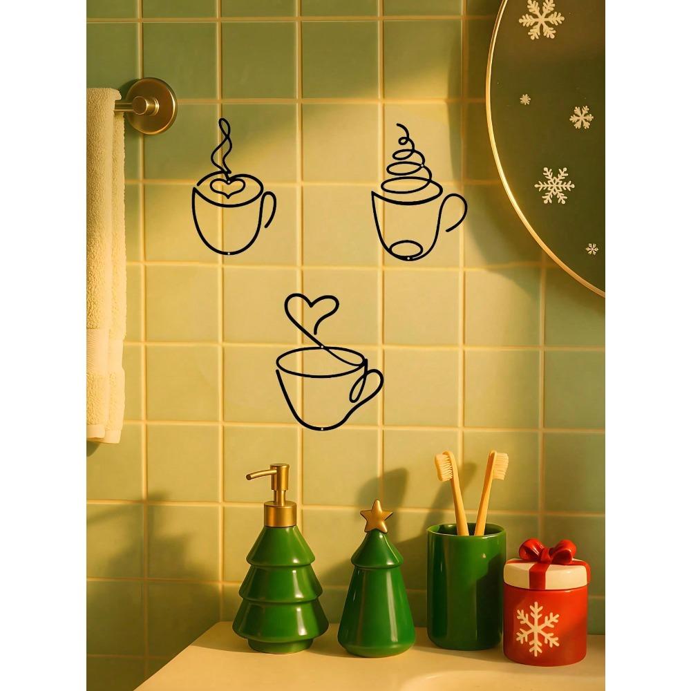 3-Piece Modern Metal Coffee Cup Wall Art Set, Christmas Theme, Black, Durable, Rustproof, Home Decor for Living Room, Bedroom, Kitchen, Bathroom