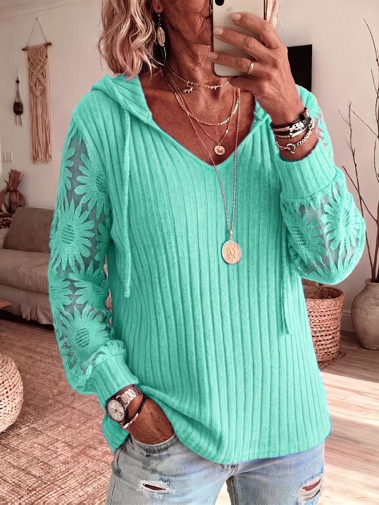 Hooded Lace Knit Solid Color Casual Sweater for Women