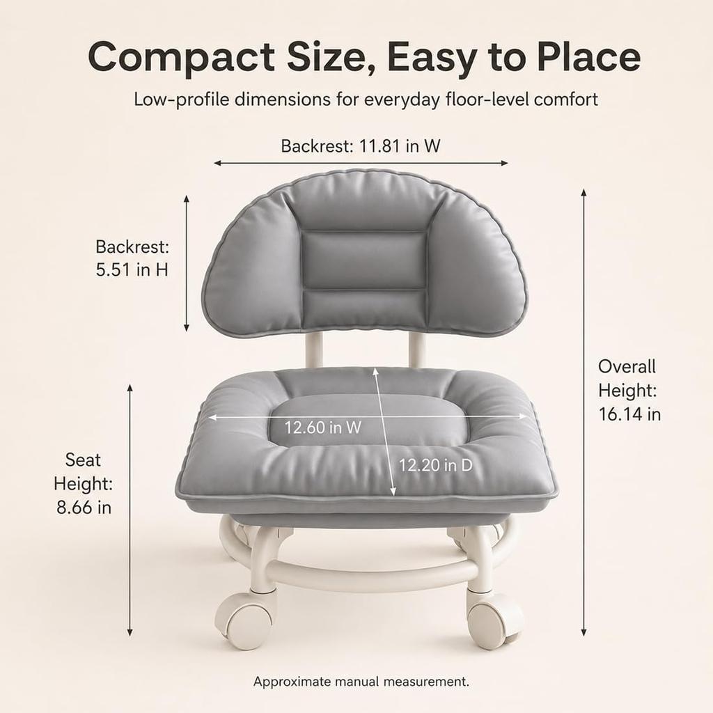 Rolling Low Stool with Backrest Padded Seat & Silent Casters Thick Foam Cushion Smooth Multidirectional Movement for Home Office Garage Shop Library
