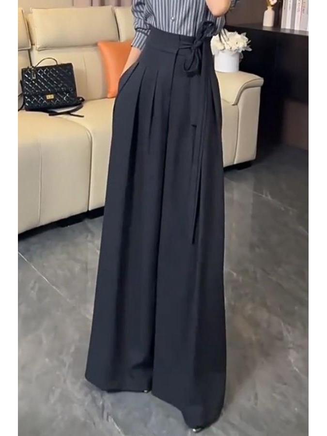 Women's High-Waisted Tie-Waist Wide-Leg Trousers - Floor-Length and Flowy