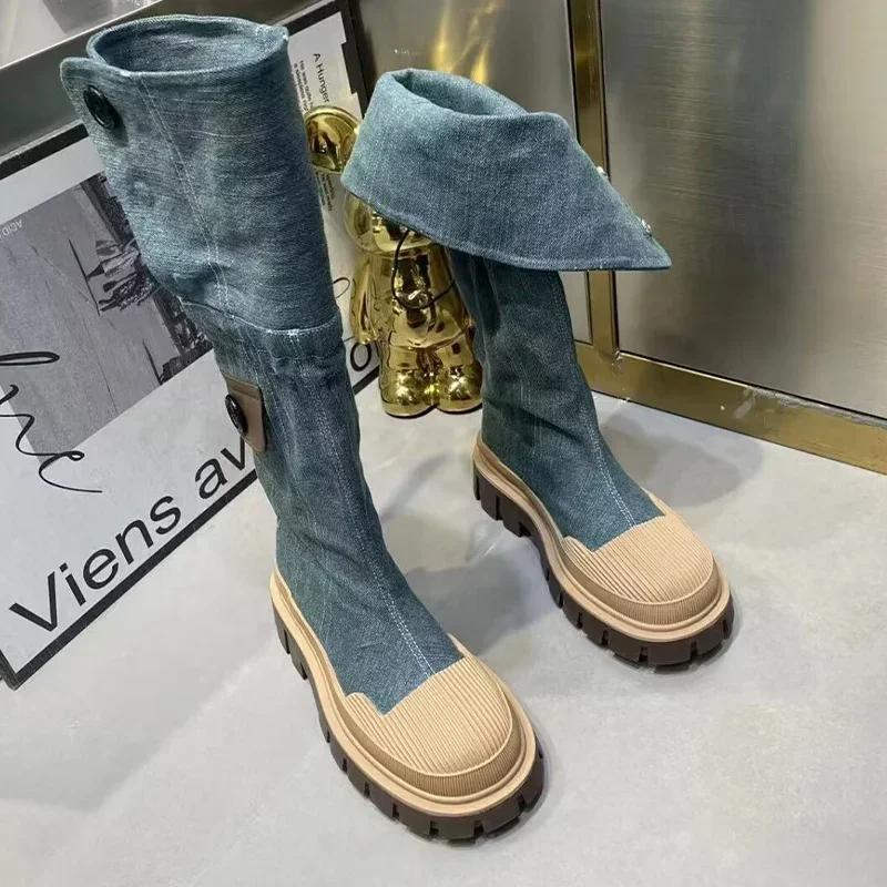 Women Flats Platform Denim Chelsea Boots Winter Shoes Designer New Knee High Motorcycle Boots Casual Goth Shoes Snow Botas Mujer