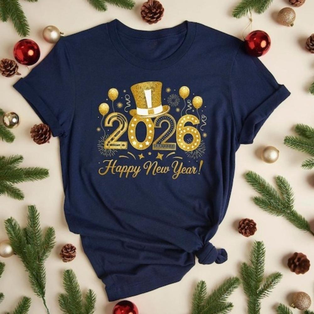 2026 New Year T-Shirt Fashion Men and Women's Happy New Year 2026 Print T-shirt Casual Crew Neck Short Sleeve Tees Top