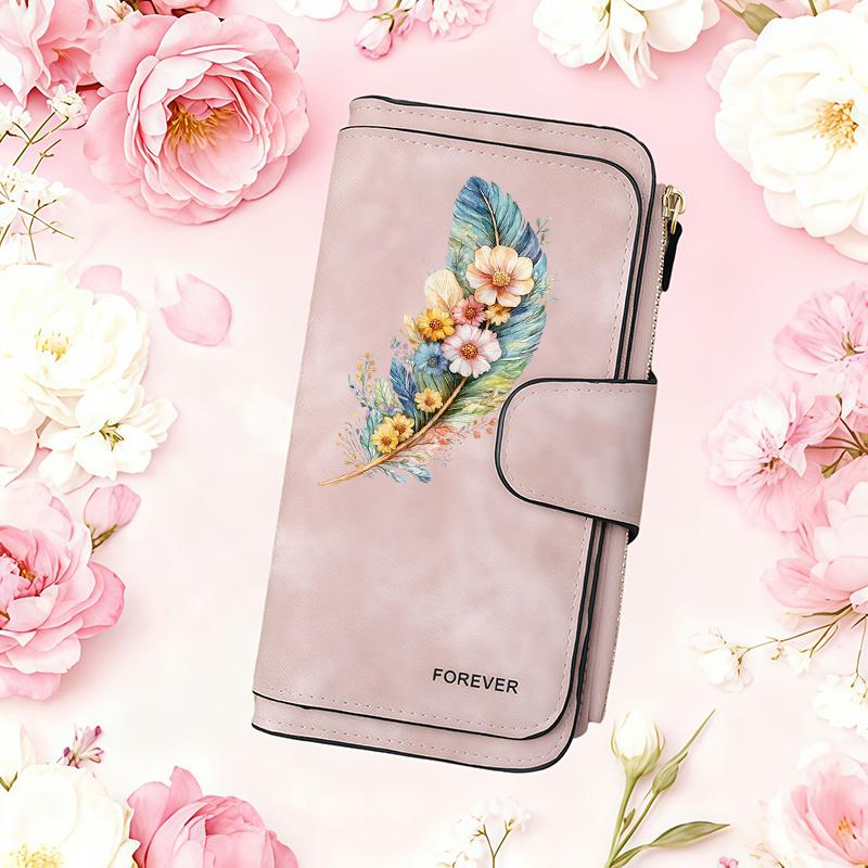 Feather and floral pattern women's long wallet| Multifunctional portable snap-button coin purse, birthday gift, suitable for daily commuting, with a
