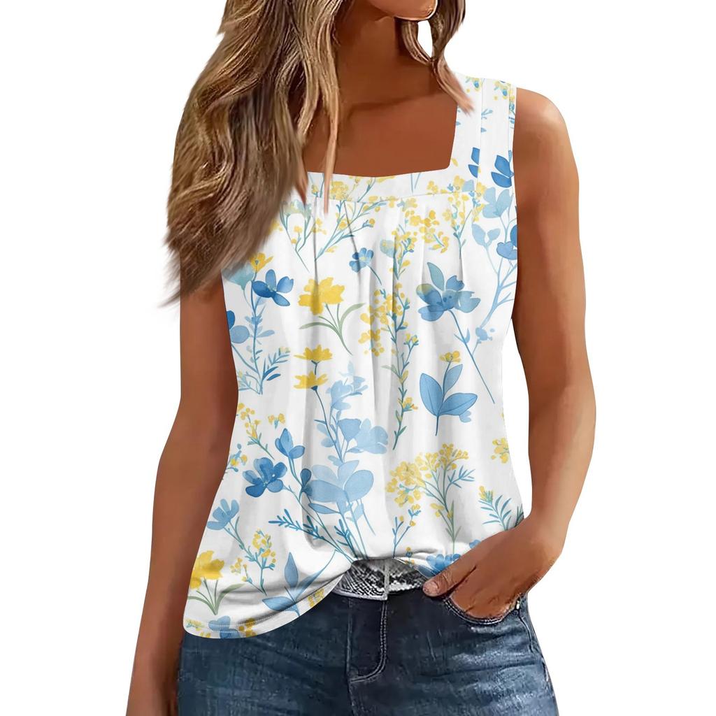 Women's Fashion Casual Pleated Square Collar Sleeveless Vest Print Summer T-shirt