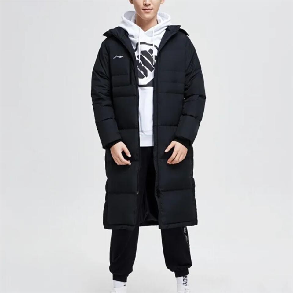 Li Ning Plain Logo Zipper Windbreaker Long Down Jacket Men Outerwear Black YYMT097-1