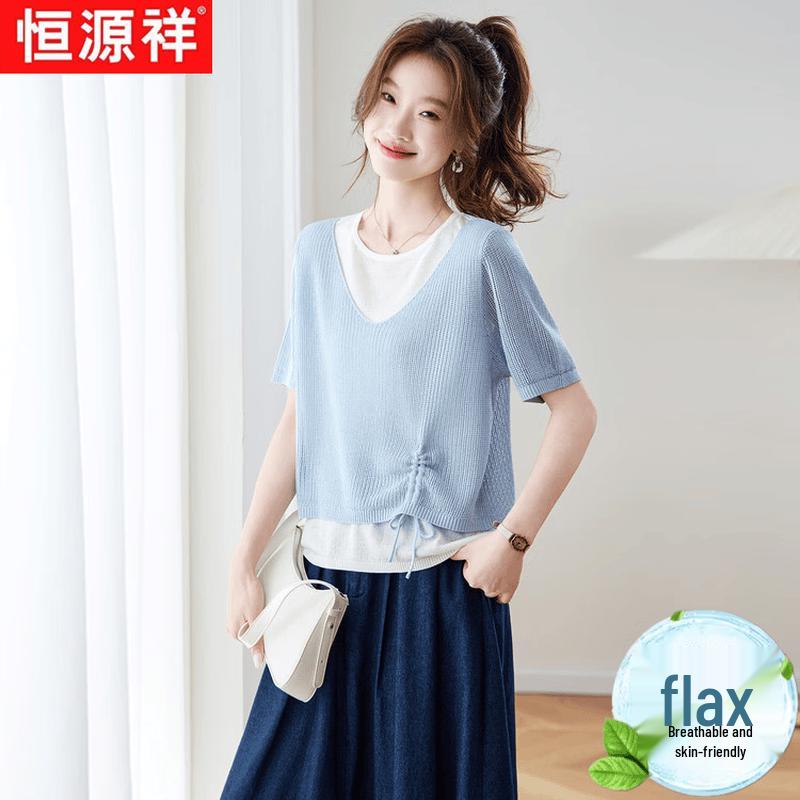 Women s Linen Blend Faux Two-Piece Summer Top XL