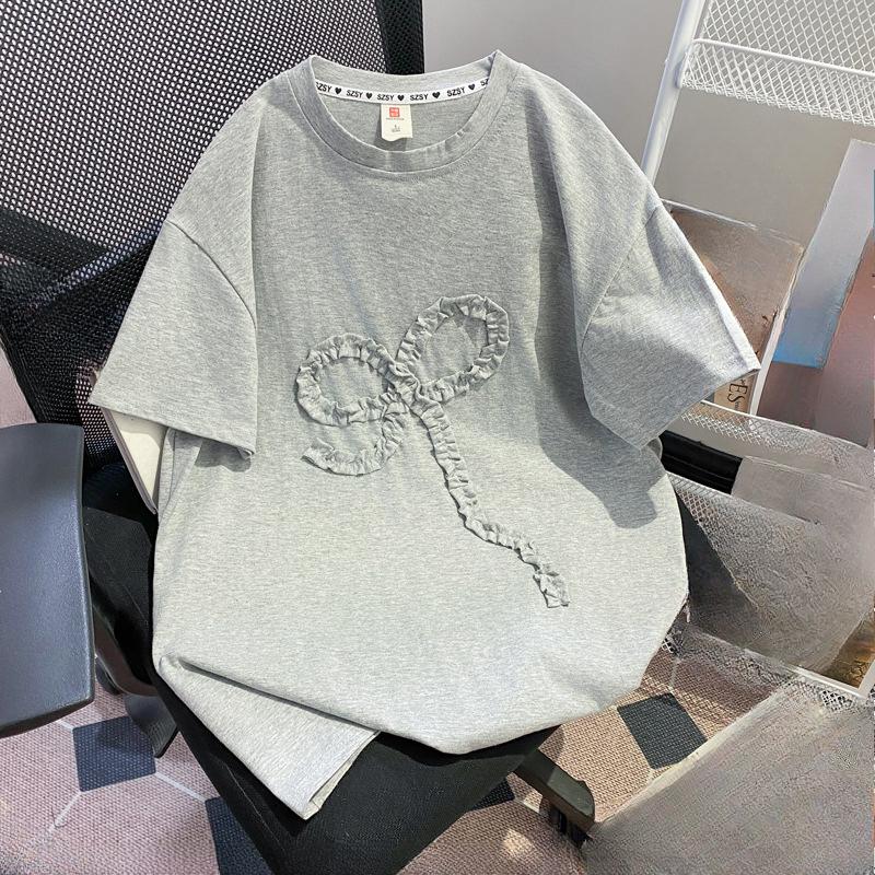 Large-sized Design Sense Three-dimensional Bow Short-sleeved T-shirt for Women