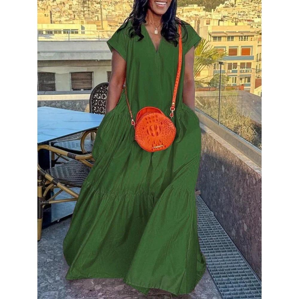 Women's V Neck Short Sleeve Maxi Dress Oversized Loose Waist Ruffle Tiered Big Swing Long Dress With Side Pockets For Spring Summer Street Vacation