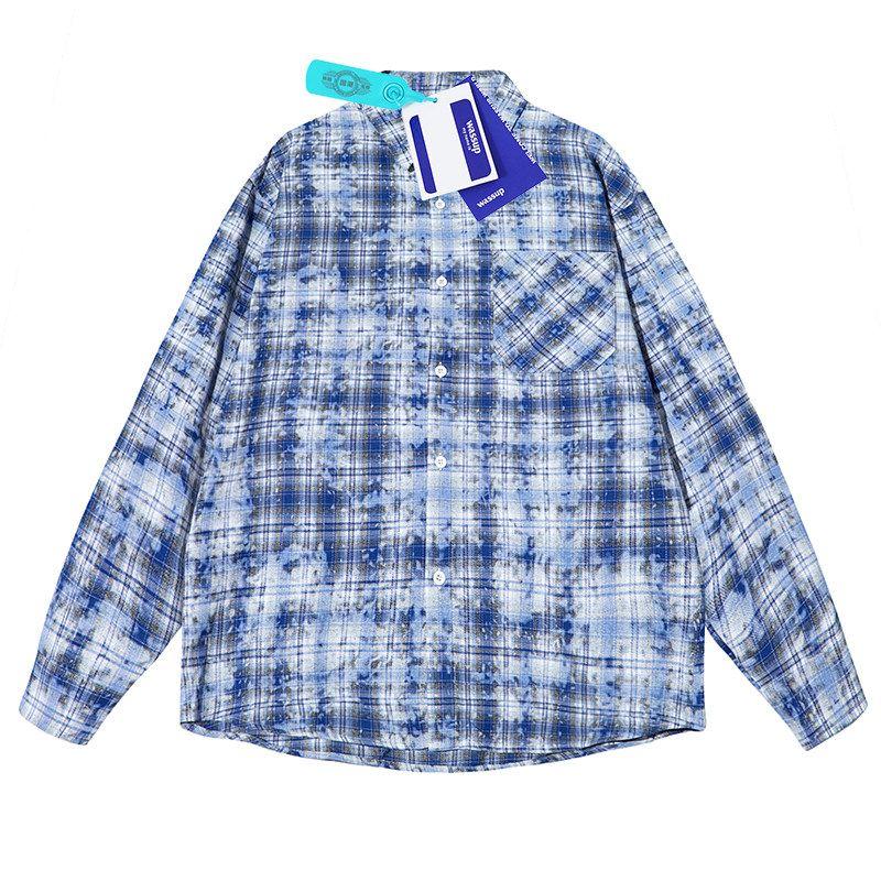Wassup Trendy Tie-Dye Plaid Shirt for Men, Spring and Summer American Vibe Long-Sleeve Work Shirt, High Street Casual Jacket